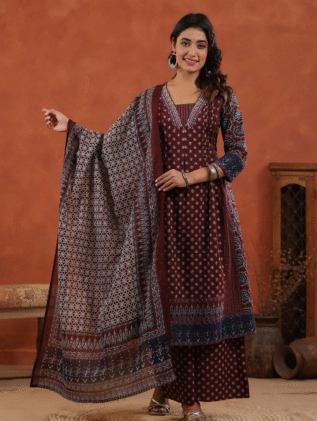 Elegant Cotton Ajrakh V-Neck Pleated Kurta – 3 Piece Set