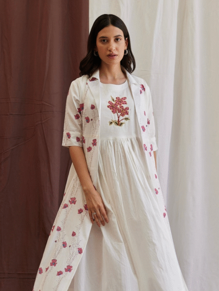 White Cotton Midi Dress with Handblock Printed Overlay Jacket – Elegant Ethnic Fusion Wear