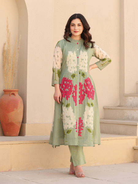 Lightweight Mal Cotton Kurta Set for Women – Sage Green Floral Ethnic Outfit