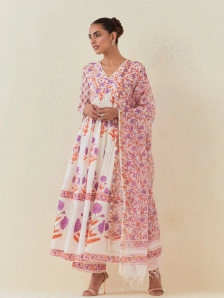 Premium Cotton Jaipur-Style Anarkali Suit Set with Kota Doriya Dupatta