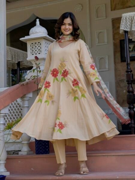 Handpainted Pure Cotton Suit Set with Floral Printed Dupatta