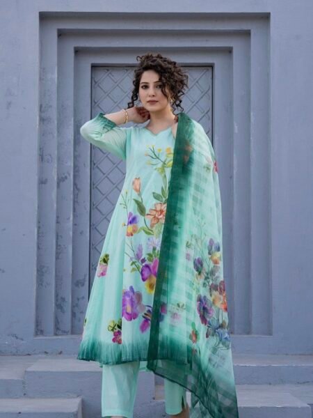 Sea Green Floral Hand-Painted Cotton Suit with Digital Printed Dupatta