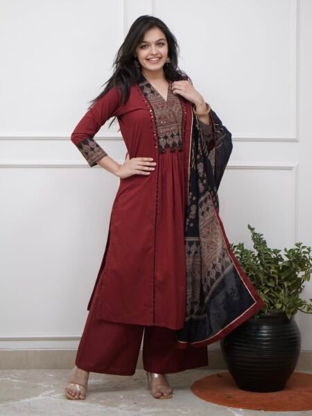 Maroon Cotton Kurta Set with Real Mirror Work & Elegant Dupatta