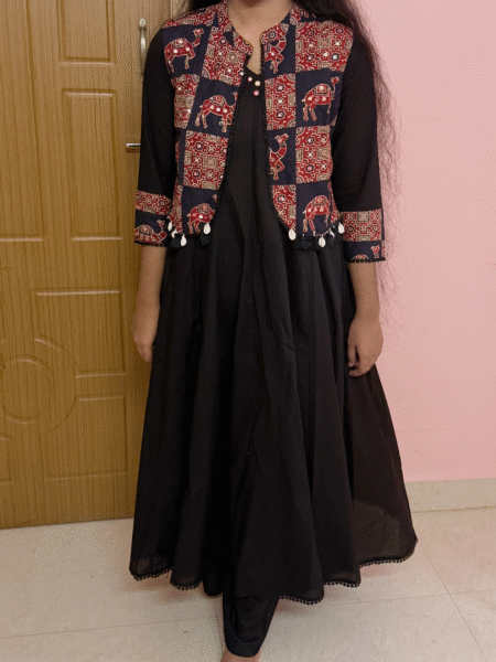 Black Shoulder Anarkali Set with Embroidered Camel Jacket