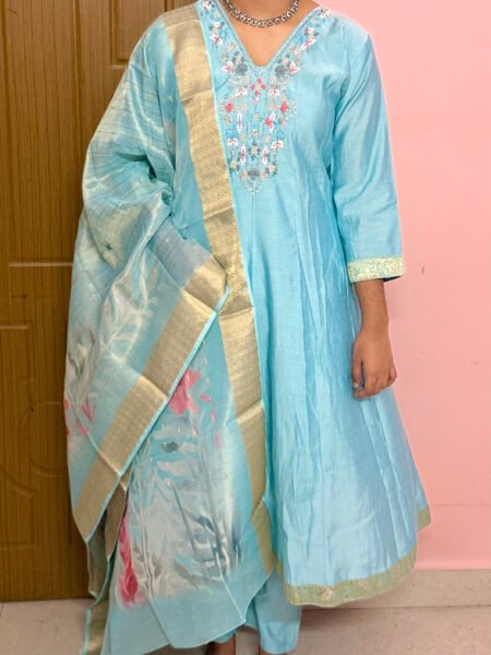 Sky Blue Silk Umbrella-Cut Suit with Zardosi Work and Digital Printed Dupatta