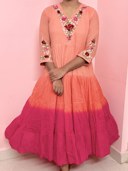 Peach & Pink Ombre Cotton Embroidered Dress