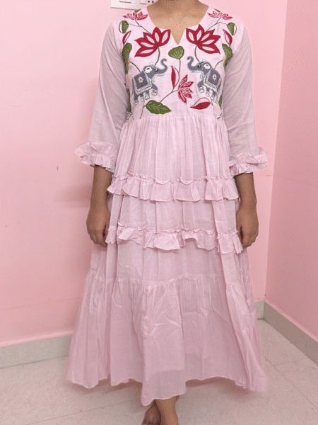 Pink Cotton Embroidered Ruffle Dress for Women
