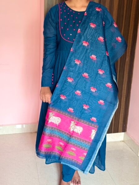 Blue Mul Chanderi Suit Set with Mirror Work & Dupatta