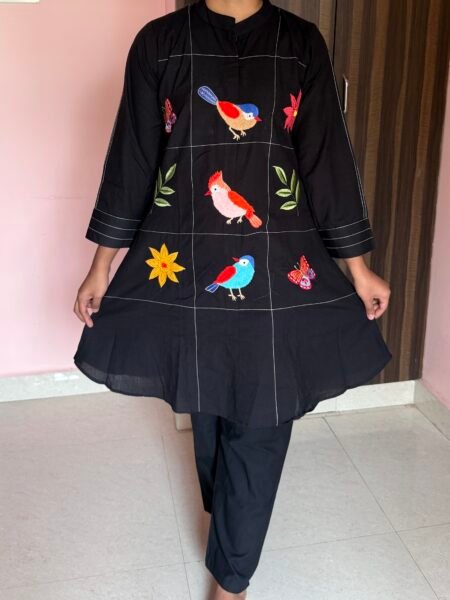Black Cotton Embroidered Coord Set with Vibrant Bird & Floral Threadwork