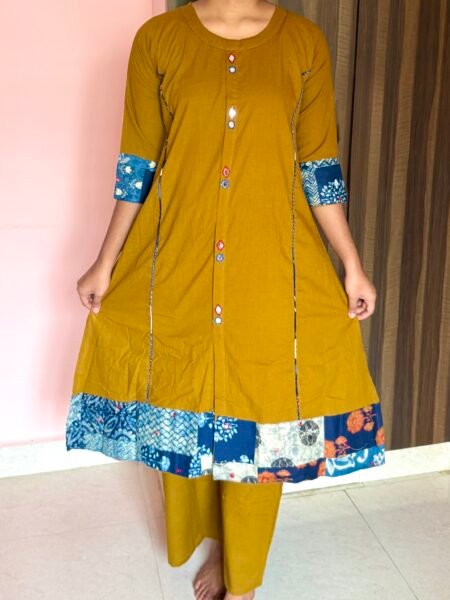 Mustard Cotton Co-ord Set with Mirror Work & Printed Detailing – A-Line Kurta & PalazzoPants