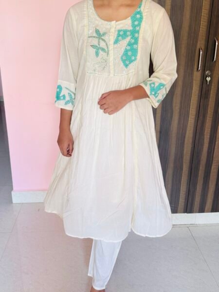 White Pure Mul Cotton Kurti Set with Sea Green Handwork Detailing and Tie-Dye Dupatta