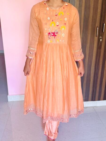 Peach Mul Chanderi Mirror Work Suit Set