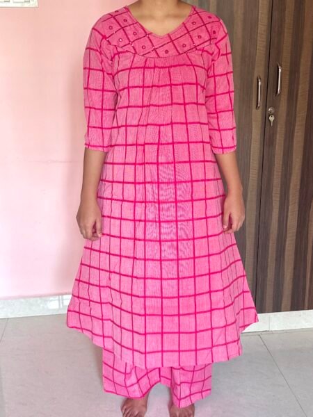 Khadi Cotton Pink Checkered Co-ord Set | Size Up Recommended