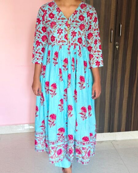 Floral Printed Flared Anarkali Suit Set with Handwork & Kota Doriya Dupatta