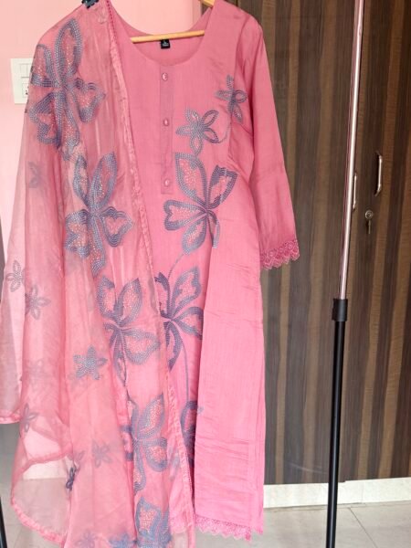 Onion Pink Silk Kurta Set with Floral Embroidery & Organza Dupatta | Size Up Recommended