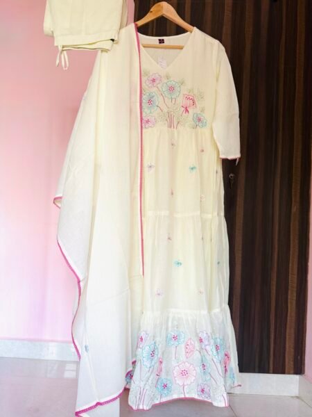 White Mul Cotton Tiered Floral Embroidered 3-Piece Set