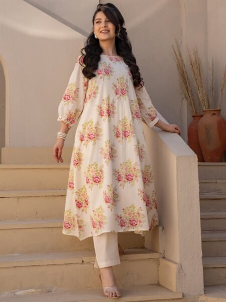 White Mal Cotton Co-ord Set with Pink Floral Digital Print