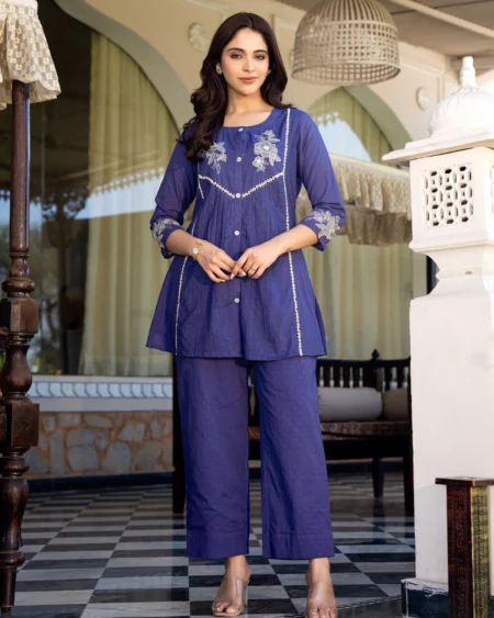 Violet Blue Dobby Cotton Embroidered Coord Set