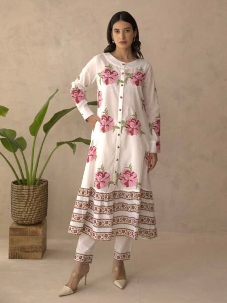 Floral Handblock Printed Cotton Co-ord Set-Pink