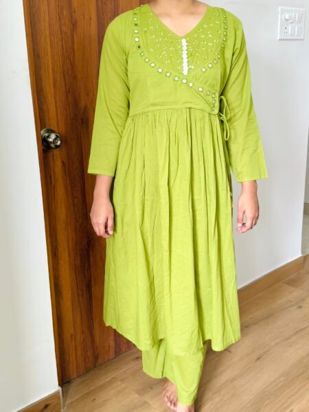 Angrakha Style Green Kurta Palazzo Set with Shell Tassels & Mirror Work