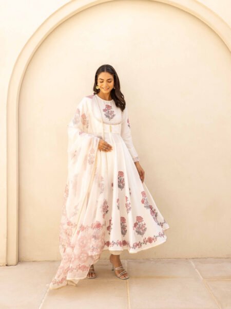 Ivory White Handblock Printed Flared Anarkali Festival Suit