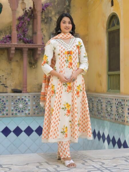 Floral Printed Cotton Umbrella-Cut Kurta Set With Printed Dupatta