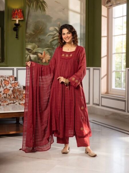 Maroon Cotton Kota Suit Set